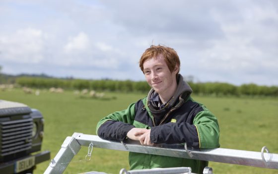 Student leaning on sheep handling unit