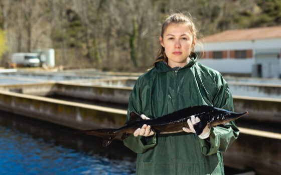 Female holding fish in fish farm