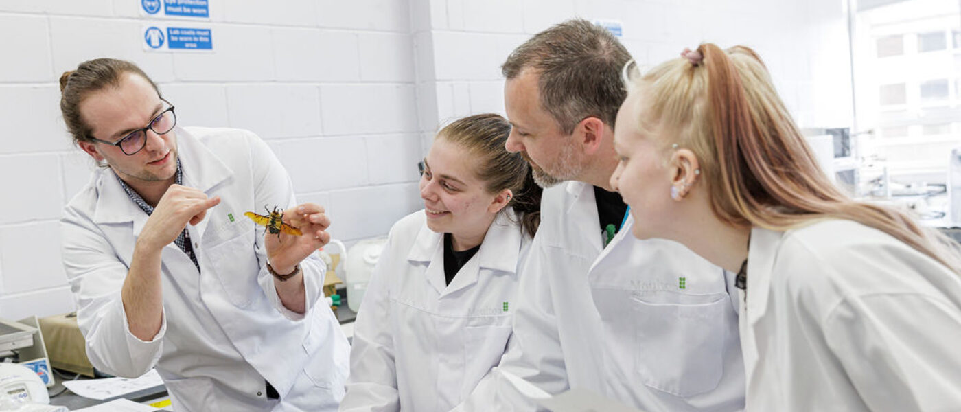 Three students wearing white laboratory coats looking at a tutor holding an insect specimen