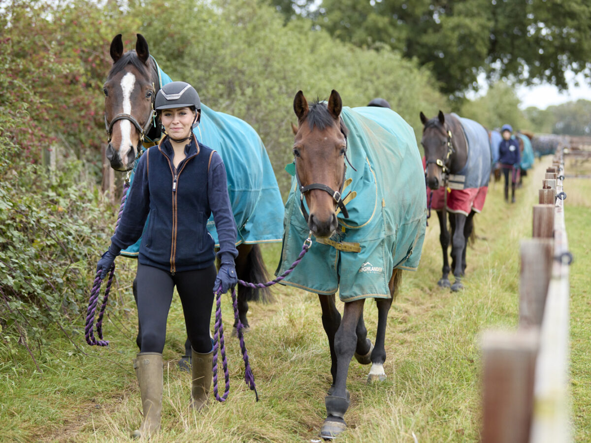 Student bringing in two horses from the field