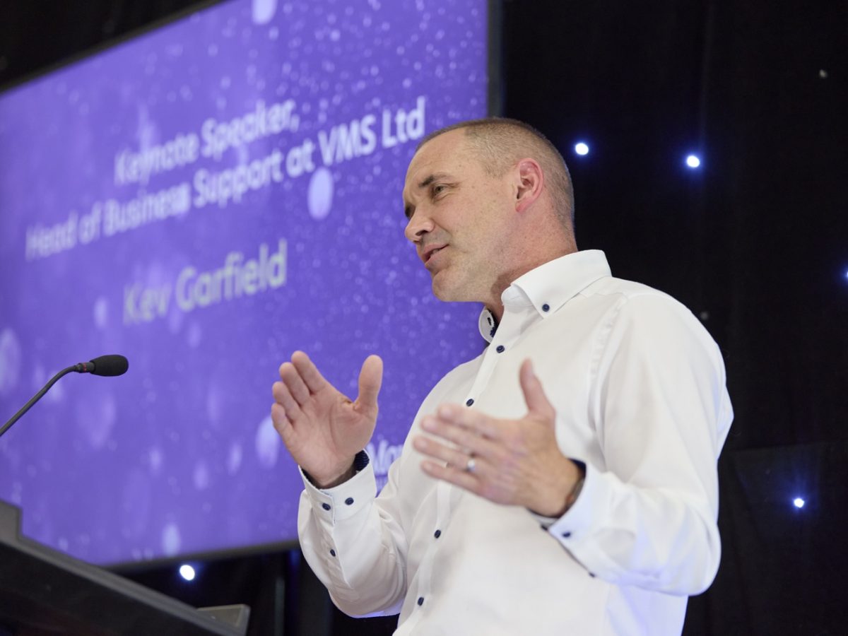 Kev Garfield speaking about his own skills journey at the Student Awards 2025