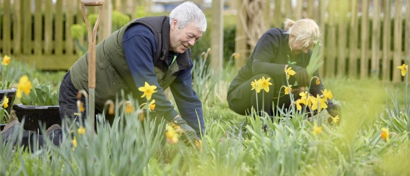 Part time Horticulture students in garden with flowers