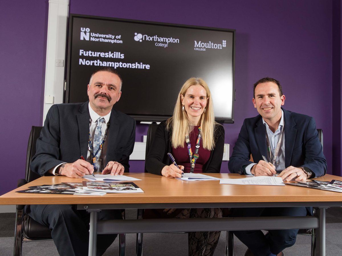 Oliver Symons (Principal & CEO of Moulton College), Professor Anne-Marie Kilday (Vice Chancellor and CEO of University Northampton) and Jason Lancaster (Principal and CEO of Northampton College) signing the Memorandum of Understanding