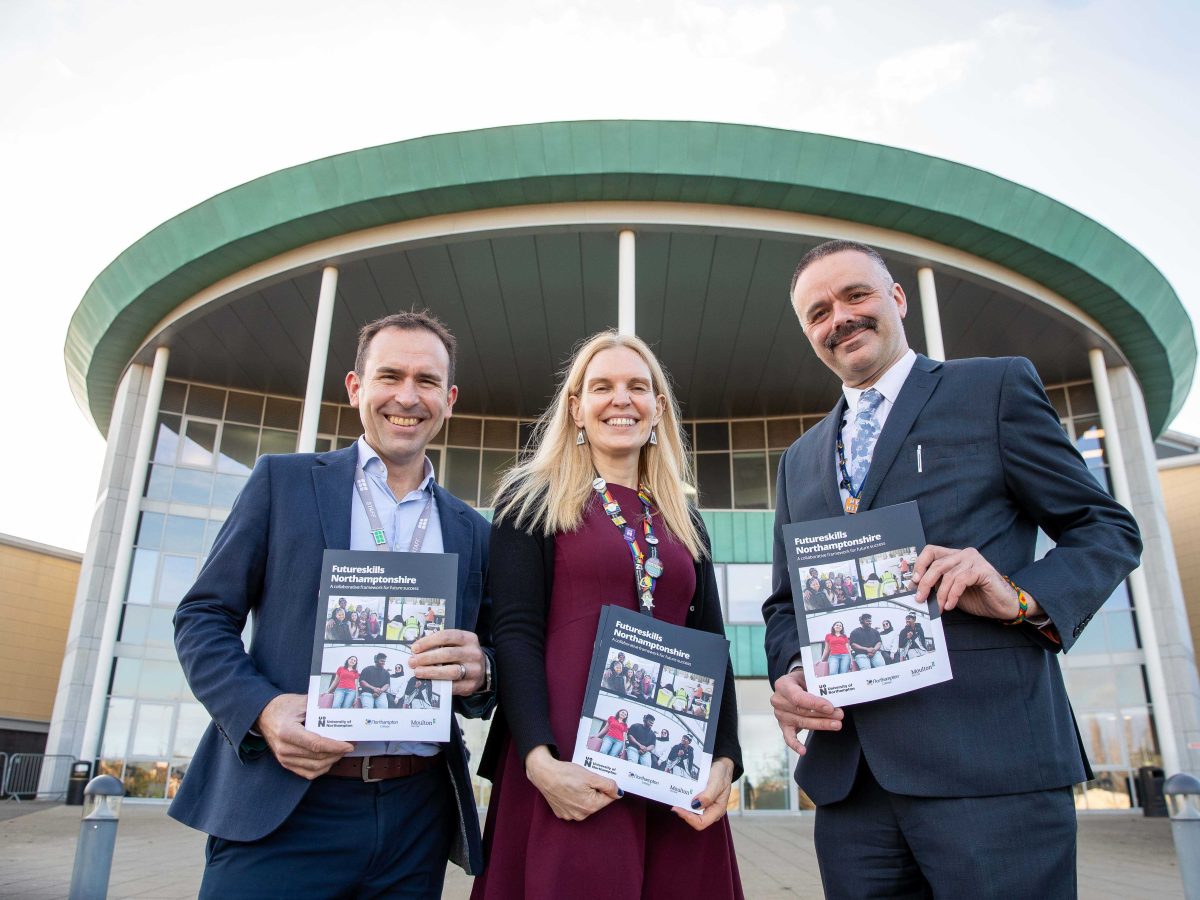 Oliver Symons (Principal & CEO of Moulton College), Professor Anne-Marie Kilday (Vice Chancellor and CEO of University Northampton) and Jason Lancaster (Principal and CEO of Northampton College) standing outside Northampton College