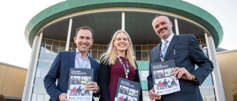 Oliver Symons (Principal & CEO of Moulton College), Professor Anne-Marie Kilday (Vice Chancellor and CEO of University Northampton) and Jason Lancaster (Principal and CEO of Northampton College) standing outside Northampton College