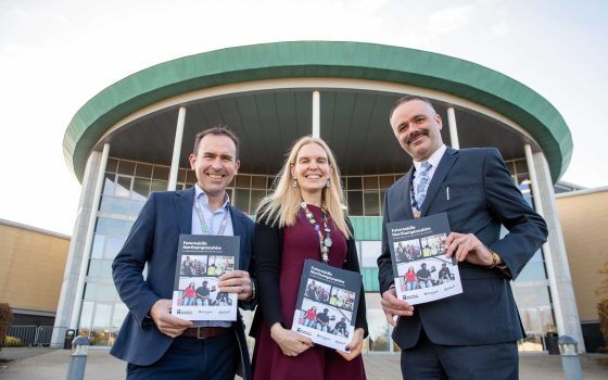 Oliver Symons (Principal & CEO of Moulton College), Professor Anne-Marie Kilday (Vice Chancellor and CEO of University Northampton) and Jason Lancaster (Principal and CEO of Northampton College) standing outside Northampton College