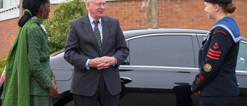 HRH The Duke of Gloucester is greeted at Moulton College by Morcea Walker MBE, Vice Lord-Lieutenant of Northamptonshire & Amelia Harrison, Lord Lieutenant Cadet and student at the College