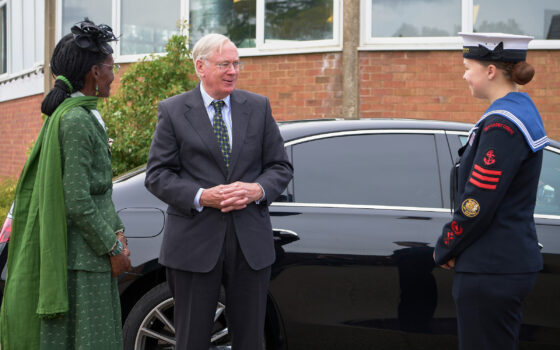 HRH The Duke of Gloucester is greeted at Moulton College by Morcea Walker MBE, Vice Lord-Lieutenant of Northamptonshire & Amelia Harrison, Lord Lieutenant Cadet and student at the College