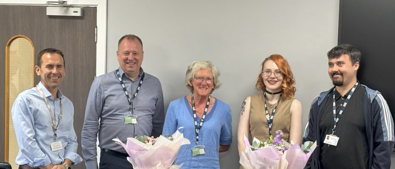 Oliver Symons (far left) presentation to departing Governors (from left to right): Ashley Clarkson, Lucille Knapp, Ivy Knight and George Crick.