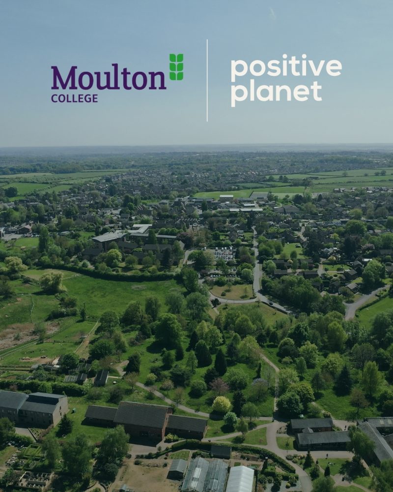 Moulton College aerial view with college logo and positive planet logo