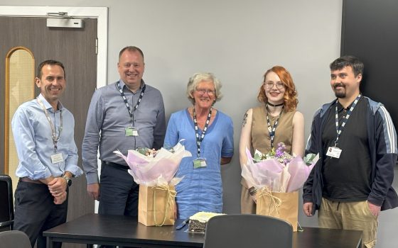 Oliver Symons (far left) presentation to departing Governors (from left to right): Ashley Clarkson, Lucille Knapp, Ivy Knight and George Crick.