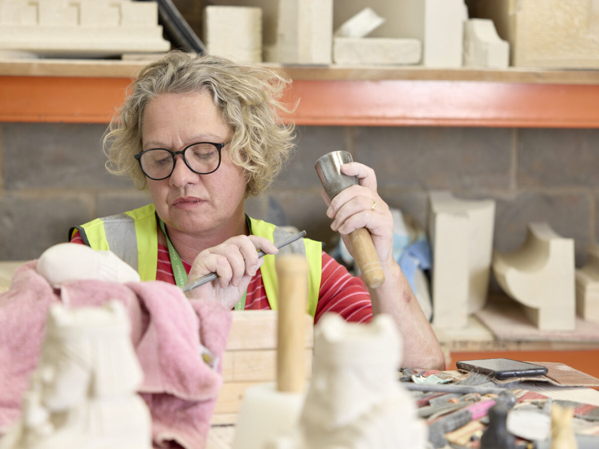 Louise Regan Stonemasonry student working in the college workshops